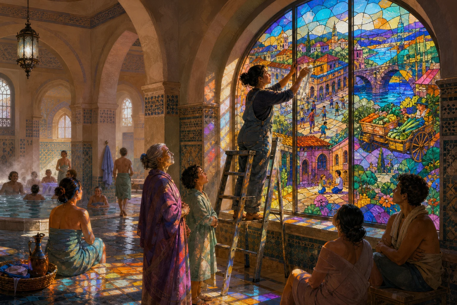 A stained-glass window casts colorful images of neighborhood places across a bathhouse floor.