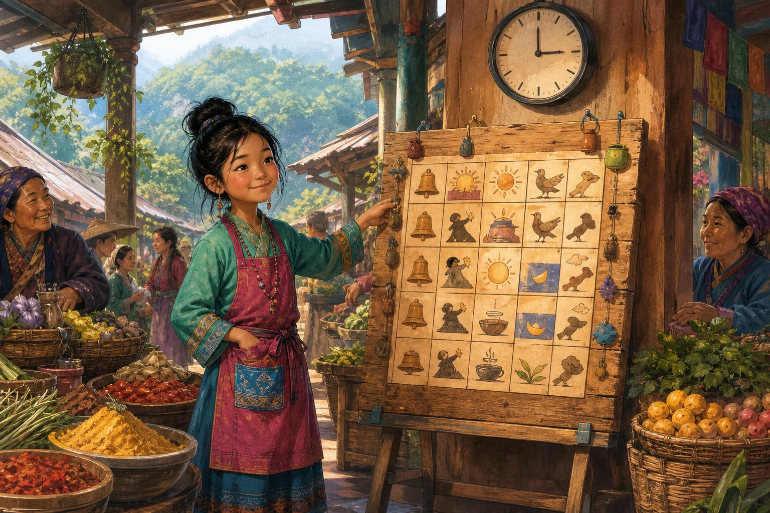 Pema presents a symbol-based market schedule beneath a stopped clock while vendors gather around.