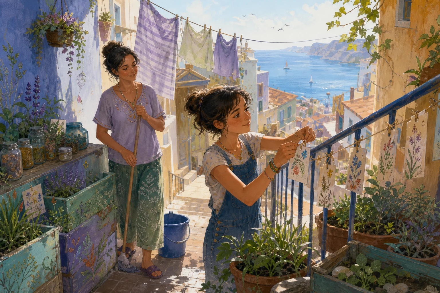 A girl and her mother tend a colorful seed library and herb garden on a seaside stairway landing.