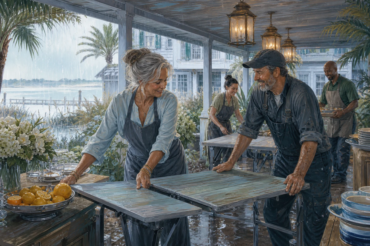 A caterer and mechanic test folding tables beneath a covered courtyard while rain falls around a welcoming supper.