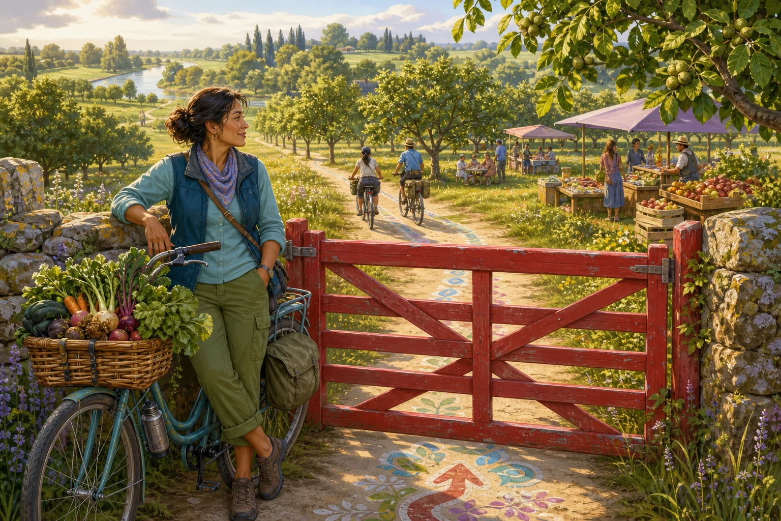 Salma stands beside her bicycle at a red gate as painted symbols guide visitors between meadowland farm stands.
