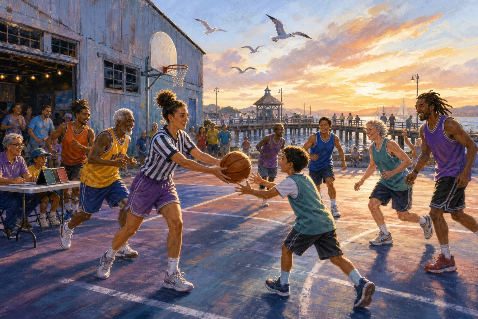A multigenerational basketball game on a coastal pier ends with a child receiving a pass for the final basket.