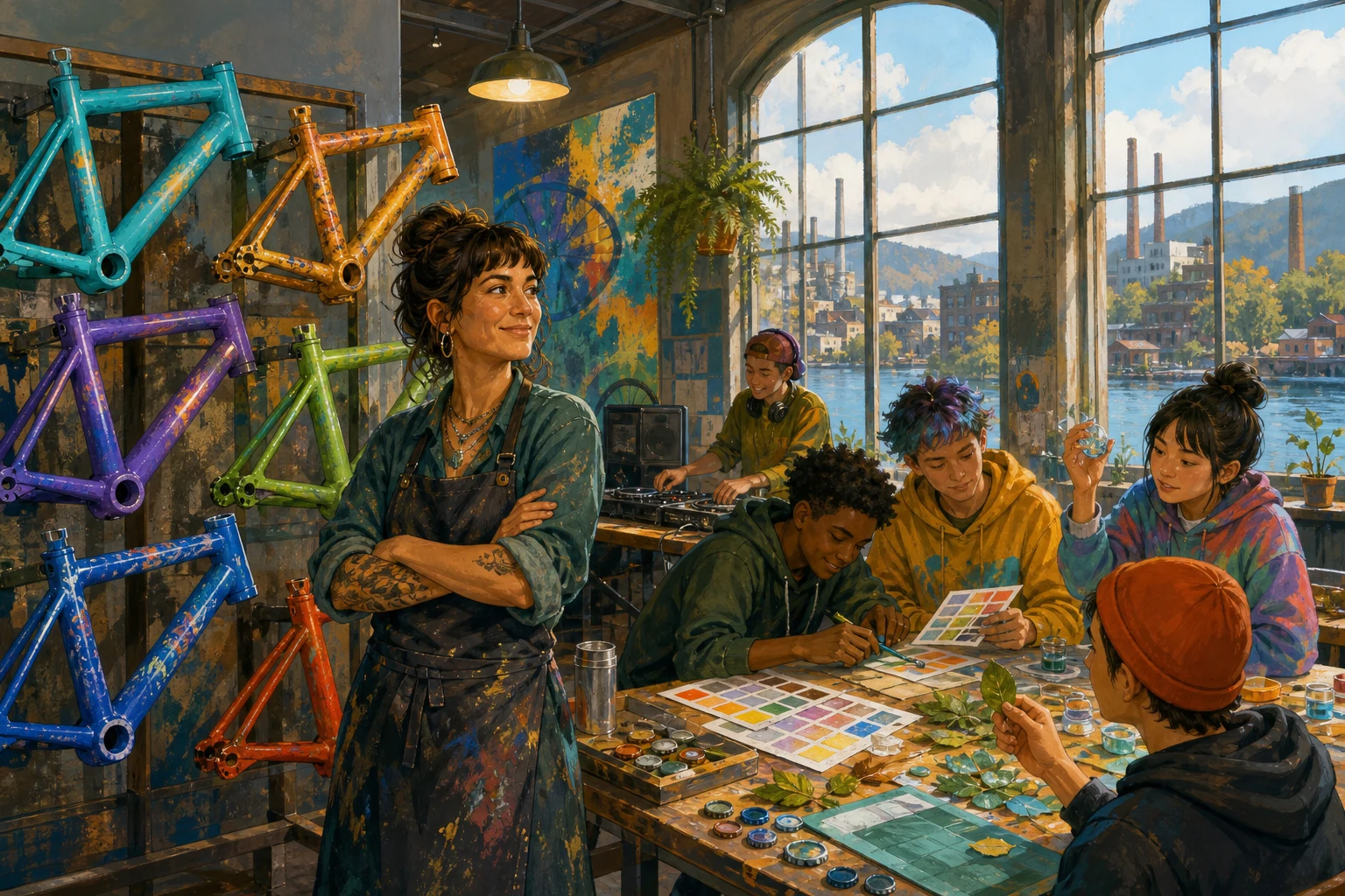 Mara and a youth club collaborate on colorful bicycle frames inside a welcoming workshop.