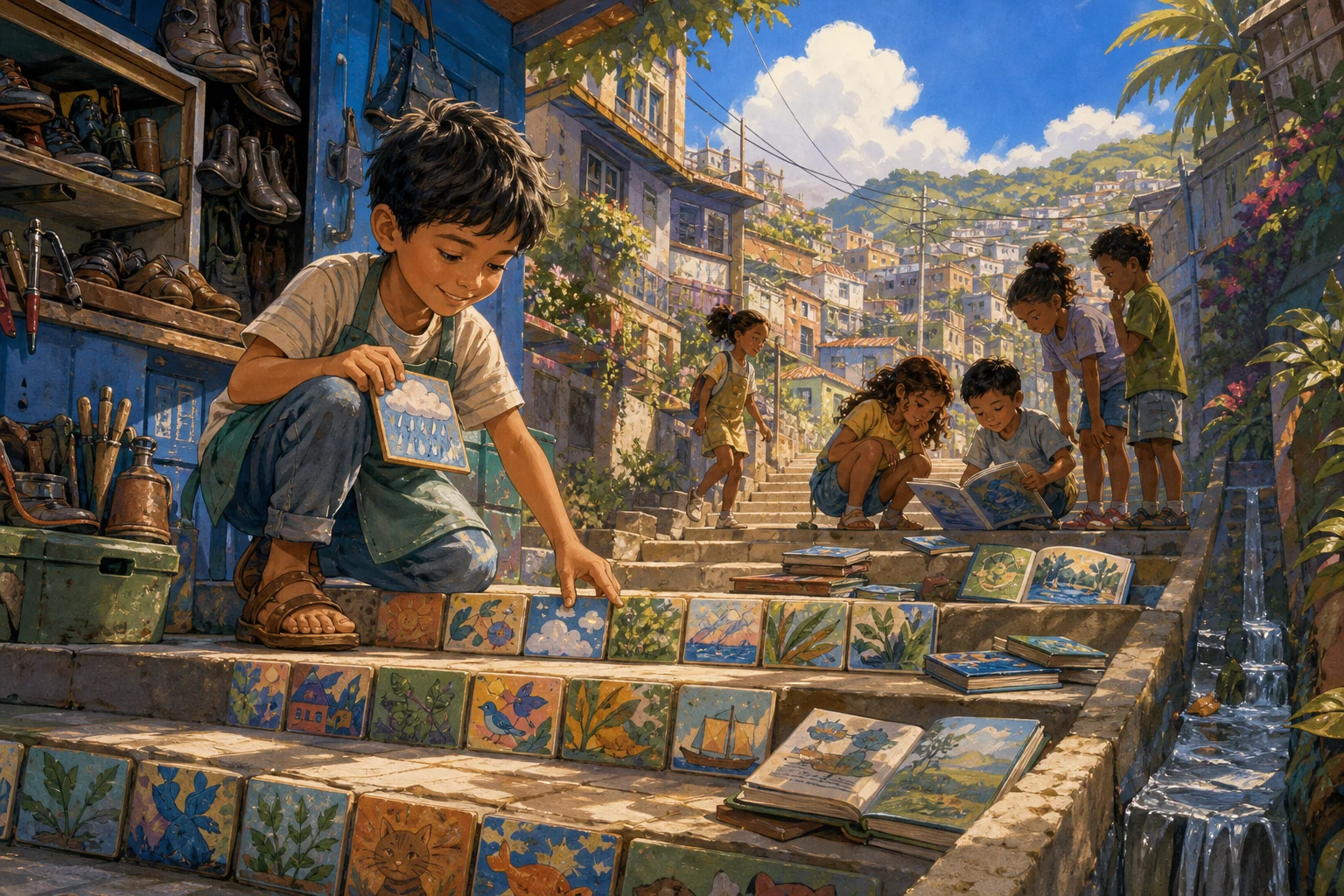 A boy arranges painted tiles and picture books in a bright, welcoming stairwell beside a shoe-repair kiosk.