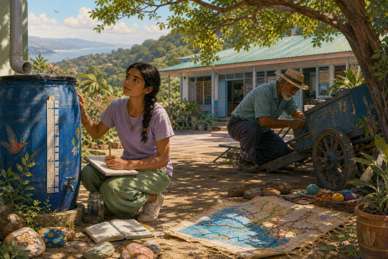 A teenage girl studies a handmade water map beside a rain barrel while her grandfather works beneath a shade tree.