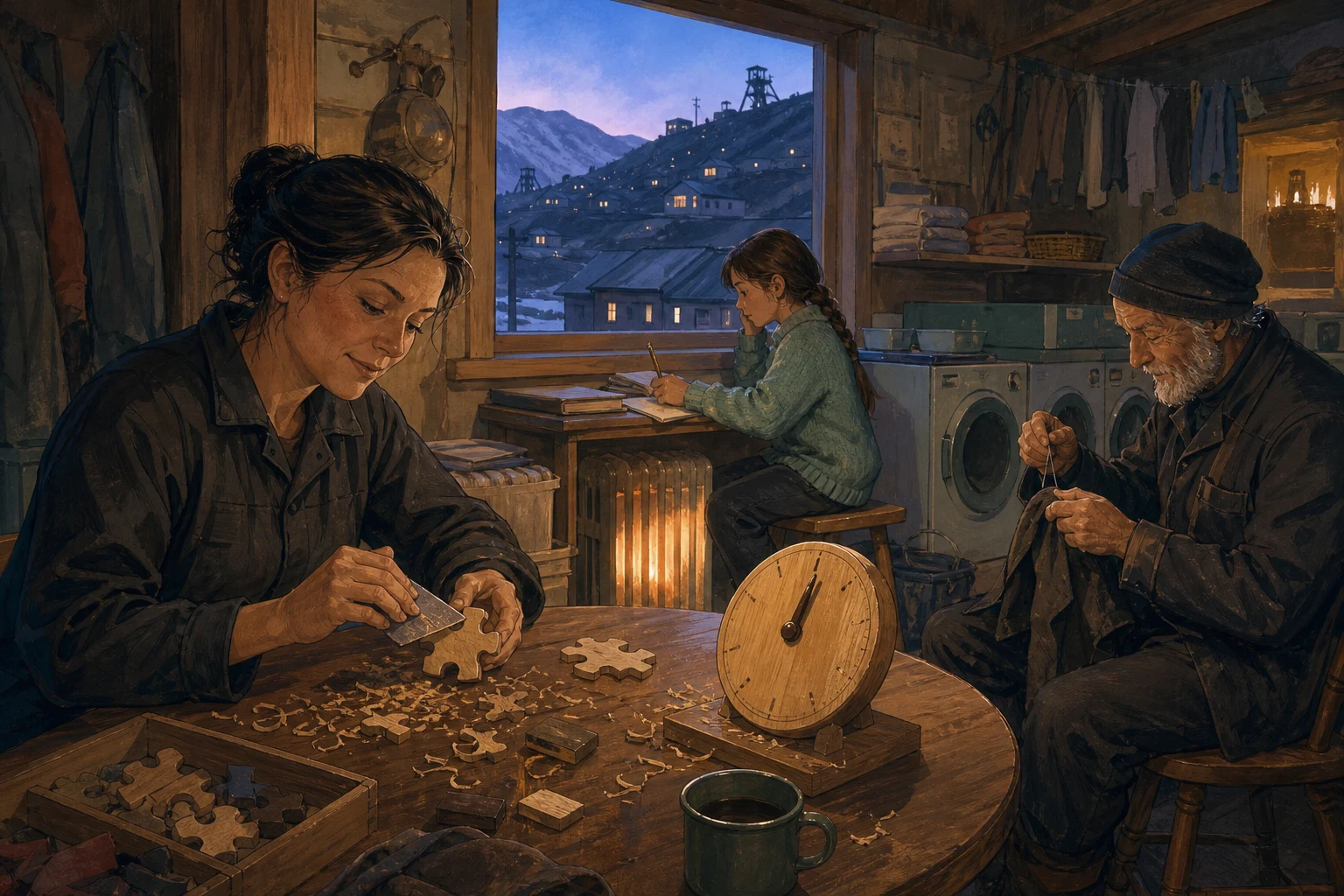 A mechanic works on a wooden puzzle while residents study and mend clothing in a warmly lit communal laundry room.