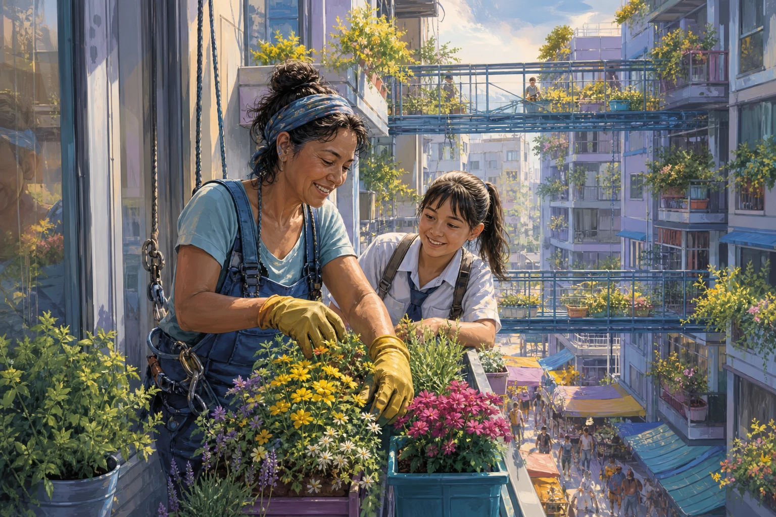 A window cleaner and student arrange restored planters among sunlit high-rise balconies.