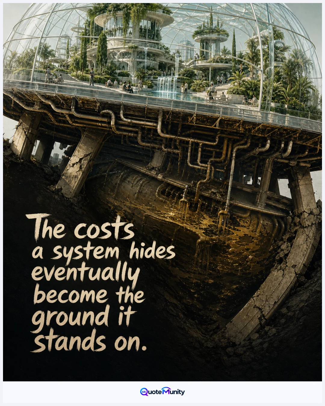Systems can preserve a polished surface by redirecting burdens elsewhere, but accumulated consequences eventually undermine the structure itself.