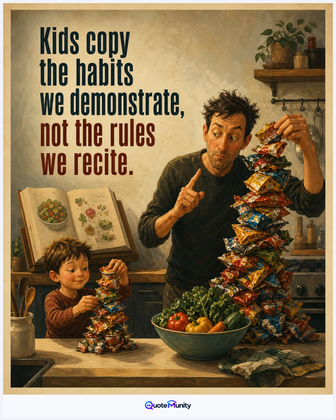 Children absorb repeated behavior more powerfully than spoken instructions, making parental example the real lesson.