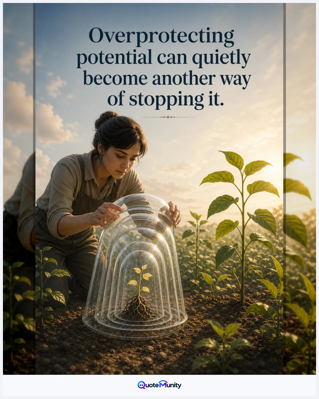 A person keeps shielding a young plant until protection itself prevents growth.